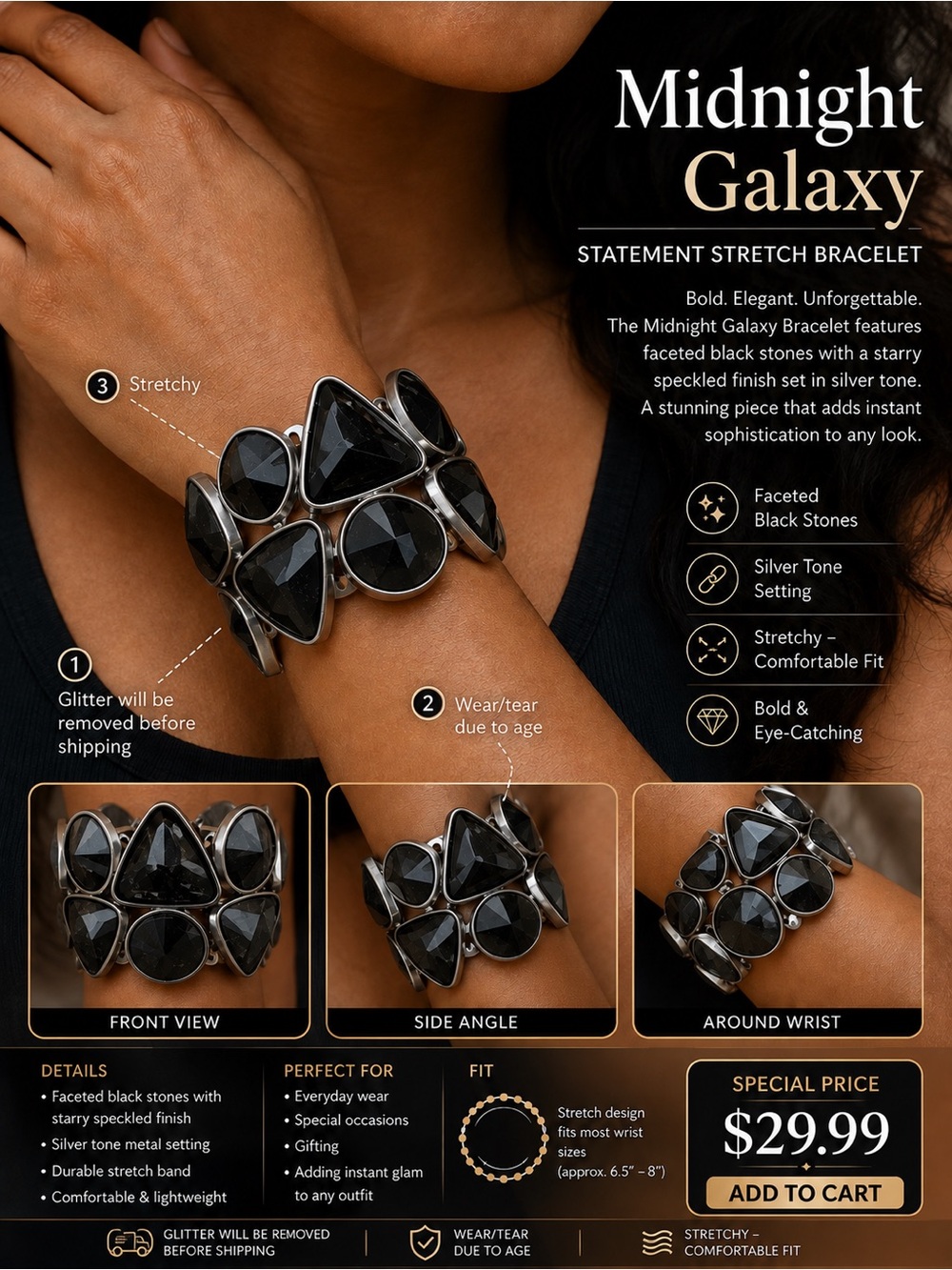 Midnight Galaxy Silver-Tone Stretch Bracelet with Faceted Black Stones